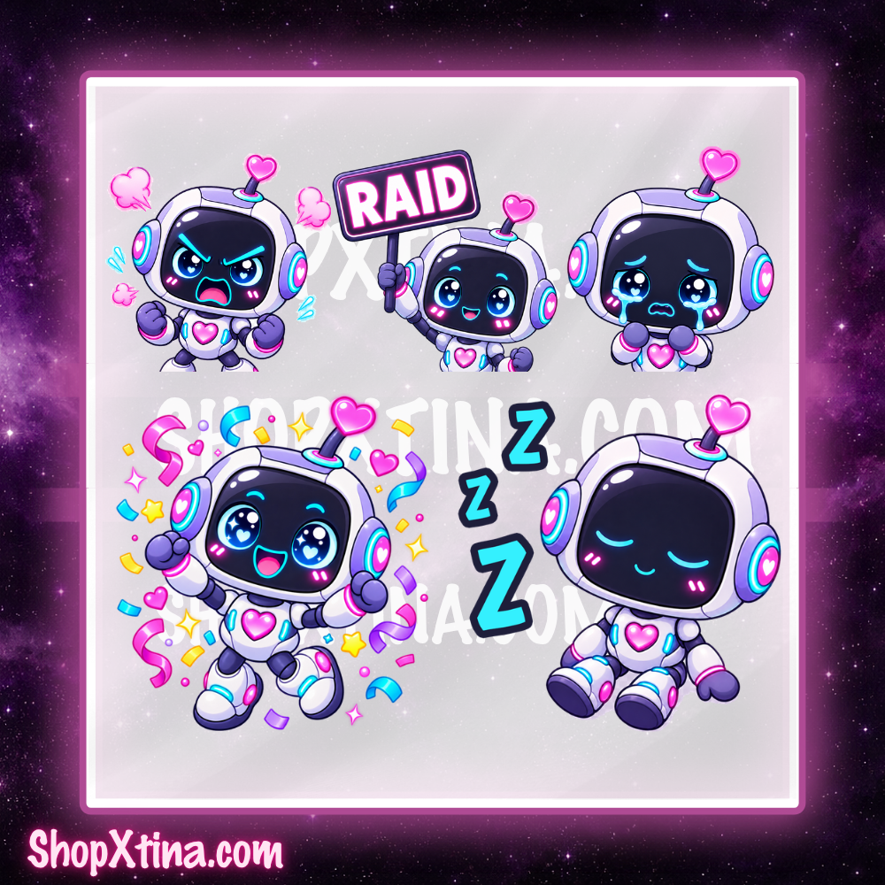 Robot Cutie Emote Pack | Discord, Twitch, Youtube, OBS, Streamlabs | Hype, Love, Lurk, Raid, Cheers & More | Great For Streamers (Copy)
