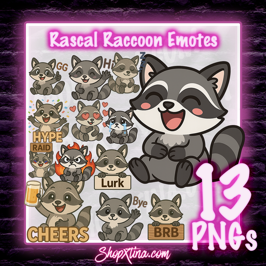 Rascal Raccoon Emote Set: 13 Emotes for Twitch, Discord, Streamers & More