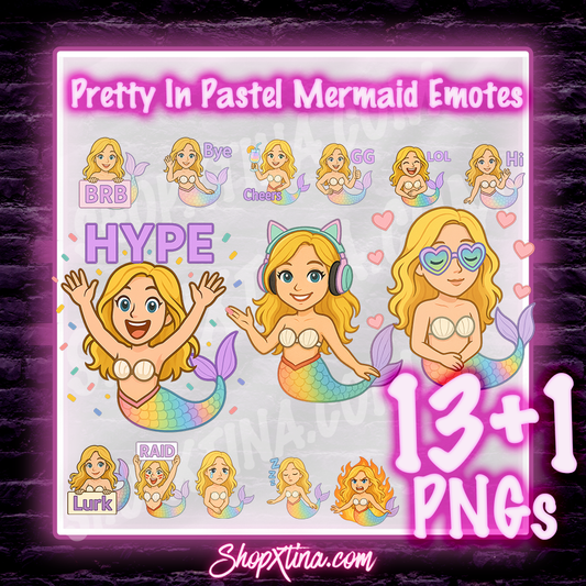 Pastel Mermaid Emote Set for Twitch & Discord | 13 + 1 Bonus Cute Streaming Emotes | Gamer Girl Vibes | PNG Transparent