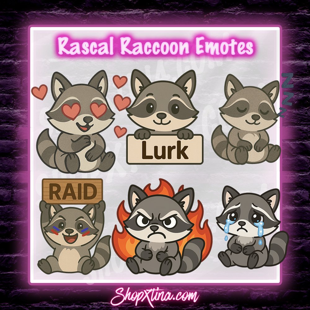 Rascal Raccoon Emote Set: 13 Emotes for Twitch, Discord, Streamers & More