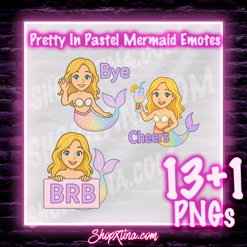 Pastel Mermaid Emote Set for Twitch & Discord | 13 + 1 Bonus Cute Streaming Emotes | Gamer Girl Vibes | PNG Transparent
