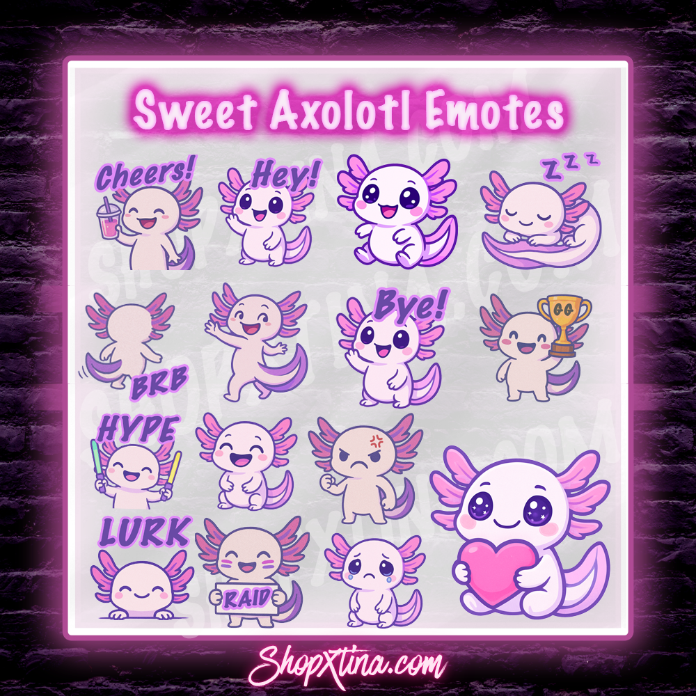Sweet Axolotl Emote Set – 30 Adorable Stream Emotes! Animated and PNG Files: 15 PNG 15 GIF