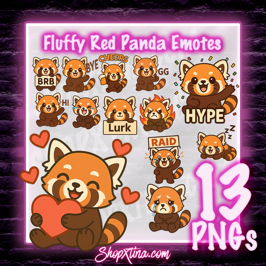 13 Fluffy Red Panda Emotes | Discord, Twitch, Youtube, OBS, Streamlabs | Hype, Love, Lurk, Raid, Cheers & More | Great For Streamers