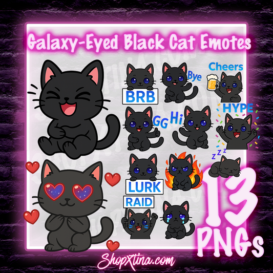 13 Black Cat (Galaxy Eyes) Emotes | Discord, Twitch, Youtube, OBS, Streamlabs | Hype, Love, Lurk, Raid, Cheers & More | Great For Streamers