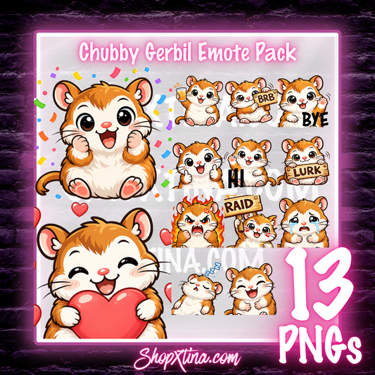 13 Chubby Gerbil Hamster Emote Pack  | Discord, Twitch, Youtube, OBS, Streamlabs | Hype, Love, Lurk, Raid, Cheers & More | Great For Streamers (Copy)