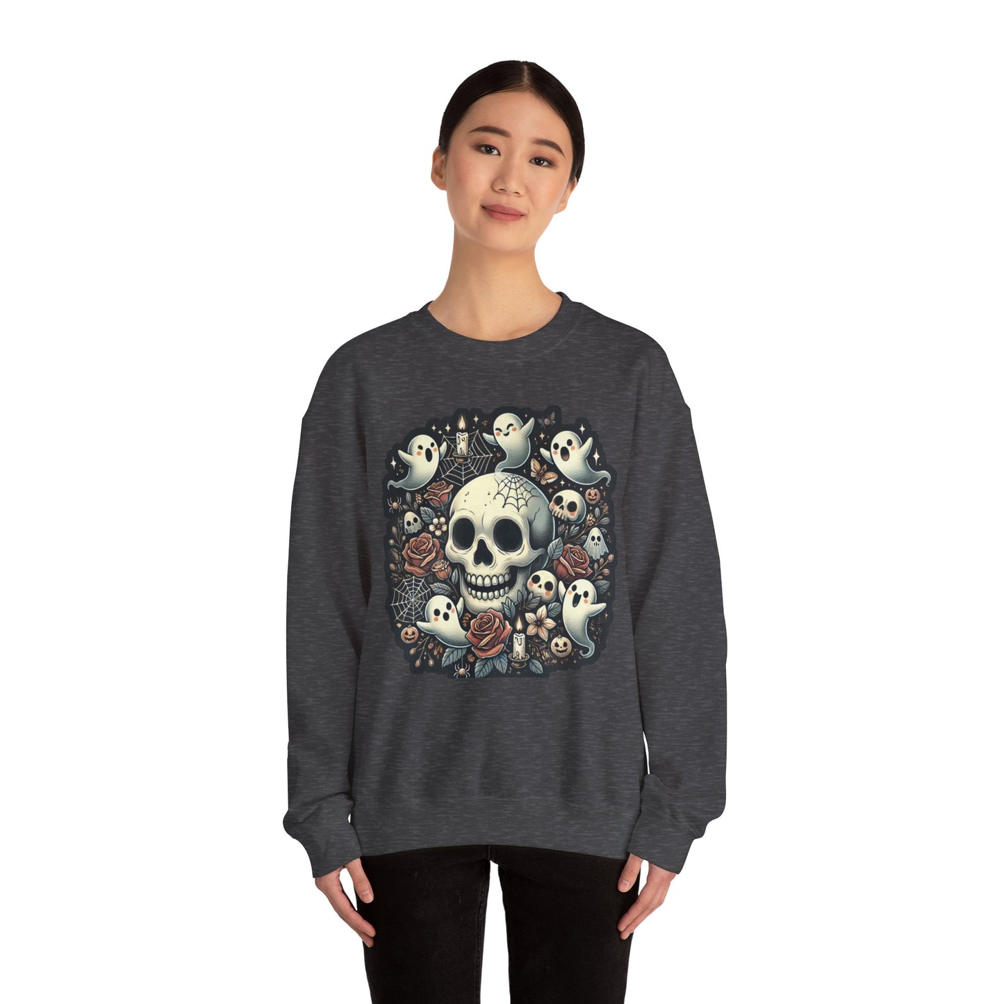 Spooky Skull Crewneck Sweatshirt, Halloween Sweatshirt, Ghost Print Sweater, Unisex Casual Wear, Gift for Halloween Lovers