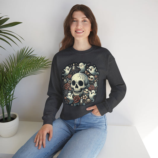 Spooky Skull Crewneck Sweatshirt, Halloween Sweatshirt, Ghost Print Sweater, Unisex Casual Wear, Gift for Halloween Lovers