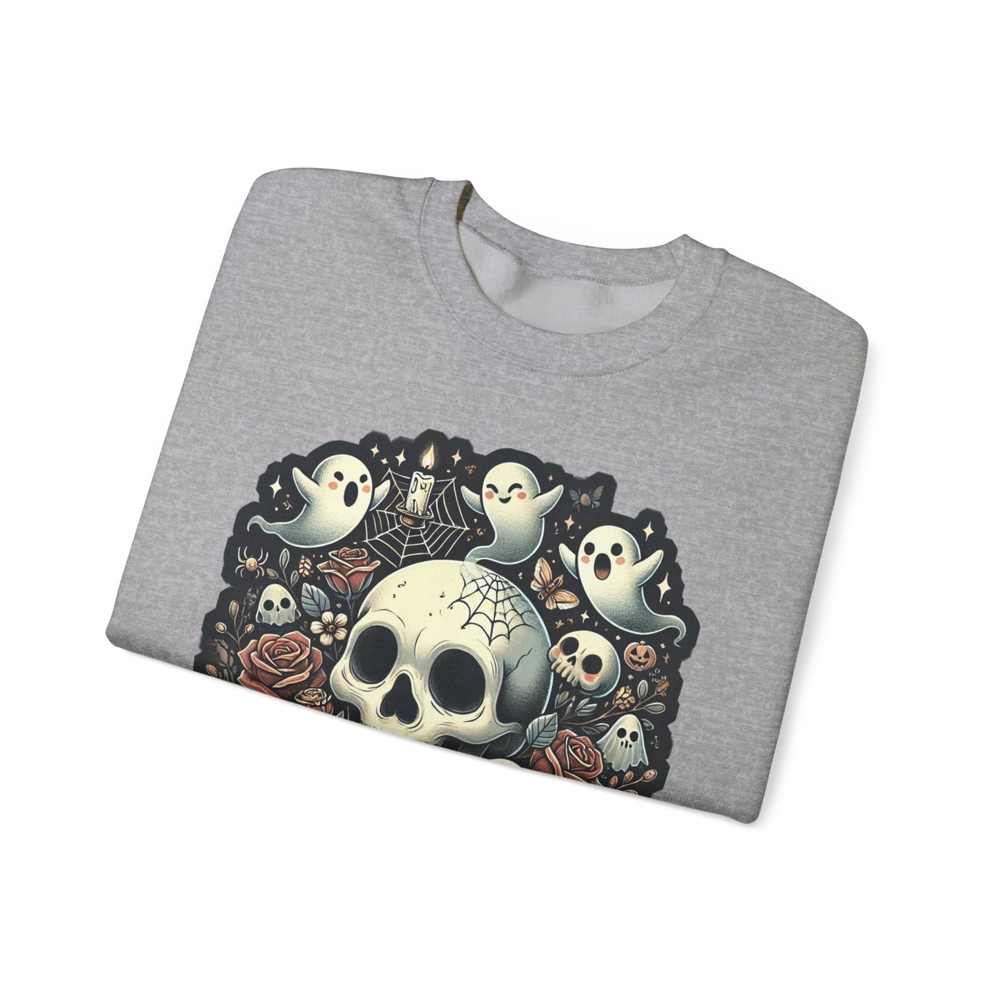 Spooky Skull Crewneck Sweatshirt, Halloween Sweatshirt, Ghost Print Sweater, Unisex Casual Wear, Gift for Halloween Lovers