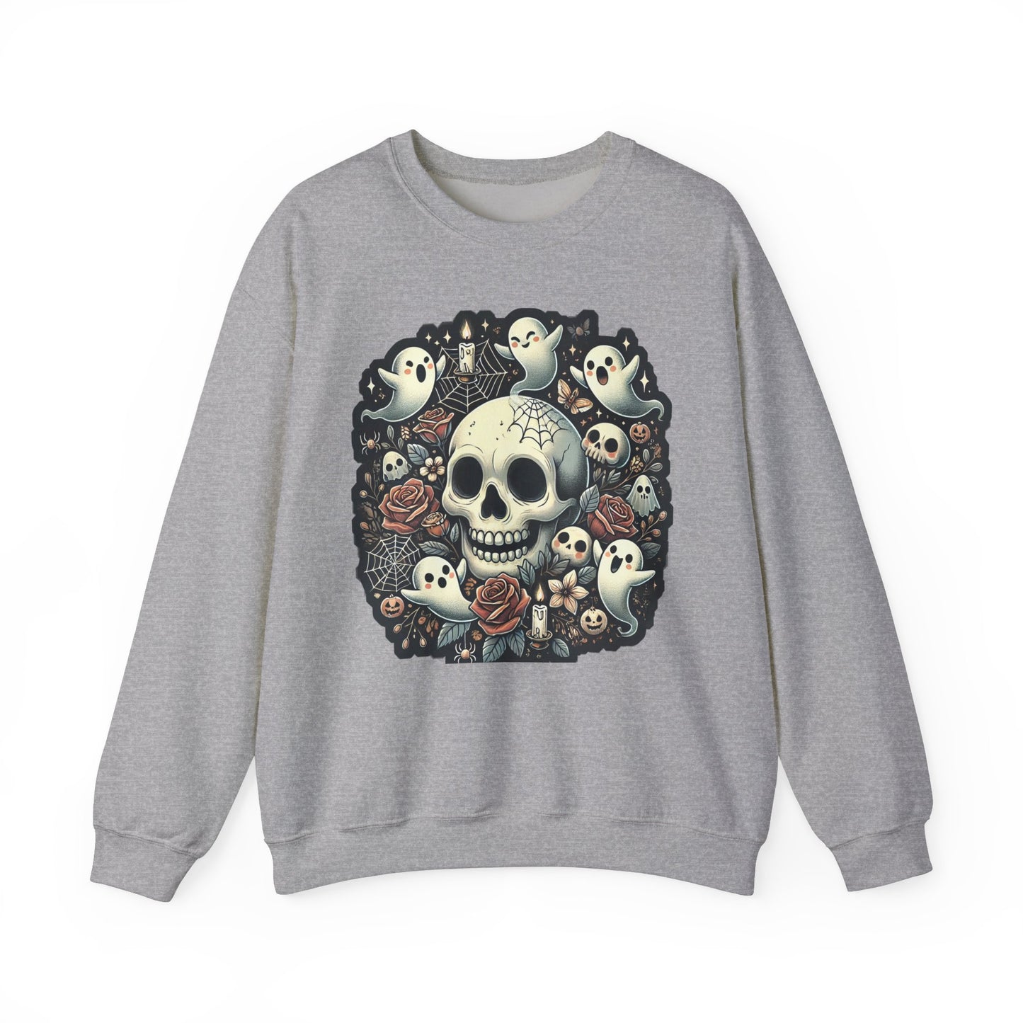 Spooky Skull Crewneck Sweatshirt, Halloween Sweatshirt, Ghost Print Sweater, Unisex Casual Wear, Gift for Halloween Lovers