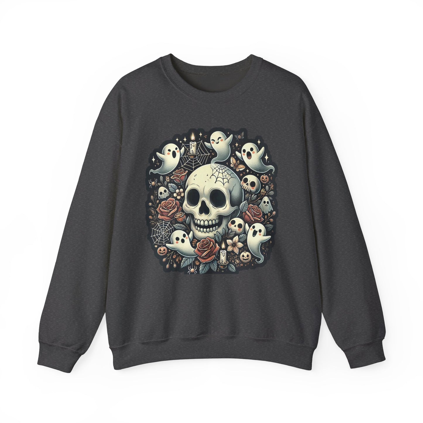 Spooky Skull Crewneck Sweatshirt, Halloween Sweatshirt, Ghost Print Sweater, Unisex Casual Wear, Gift for Halloween Lovers