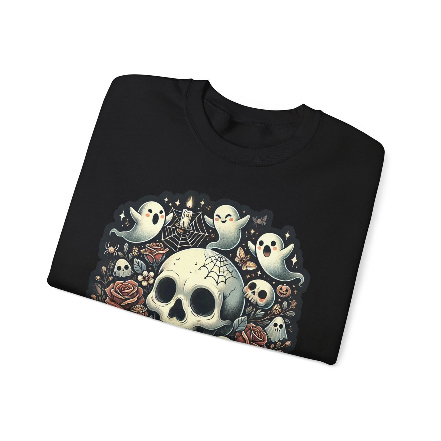 Spooky Skull Crewneck Sweatshirt, Halloween Sweatshirt, Ghost Print Sweater, Unisex Casual Wear, Gift for Halloween Lovers