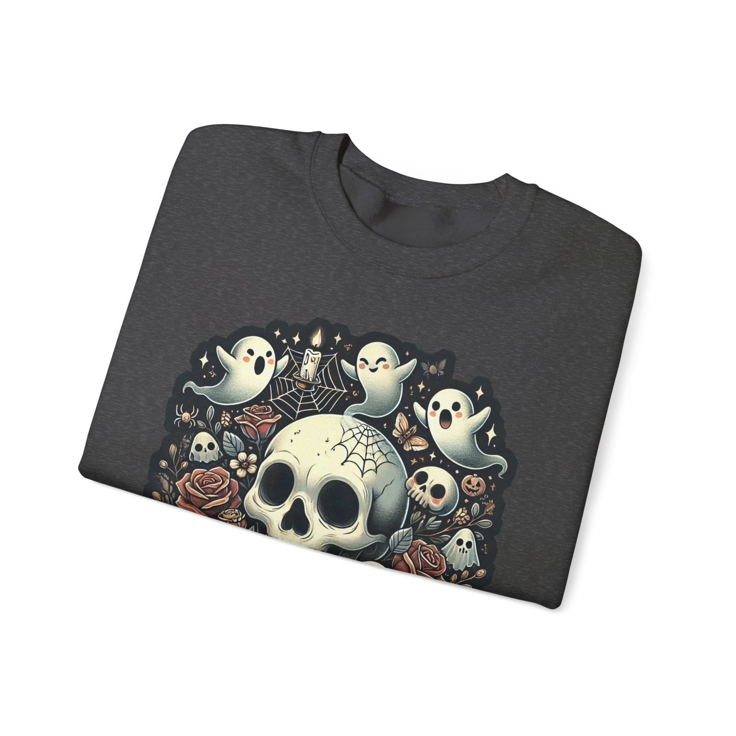 Spooky Skull Crewneck Sweatshirt, Halloween Sweatshirt, Ghost Print Sweater, Unisex Casual Wear, Gift for Halloween Lovers