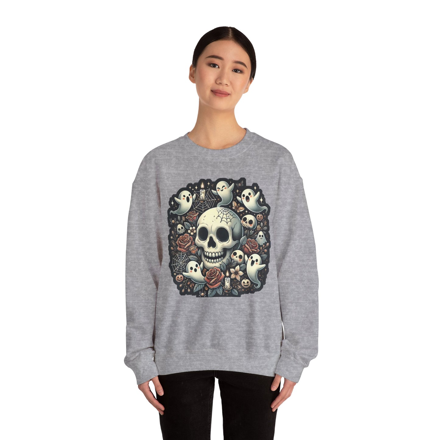 Spooky Skull Crewneck Sweatshirt, Halloween Sweatshirt, Ghost Print Sweater, Unisex Casual Wear, Gift for Halloween Lovers