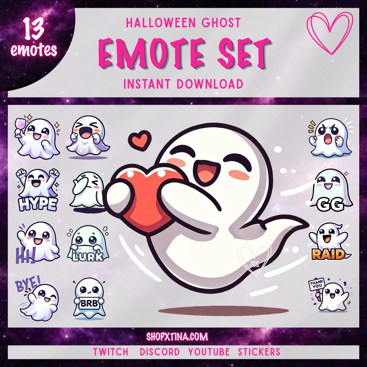 Halloween Ghost Emote Set for Twitch & Discord – Cute Ghost Emotes | Hype, Love, Raid, BRB & More