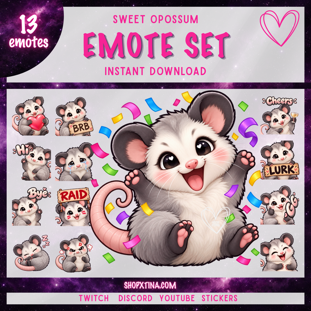 Cute Opossum Emotes | Discord, Twitch, Youtube, OBS, Streamlabs | Hype, Love, Lurk, Raid, Cheers & More | Great For Streamers