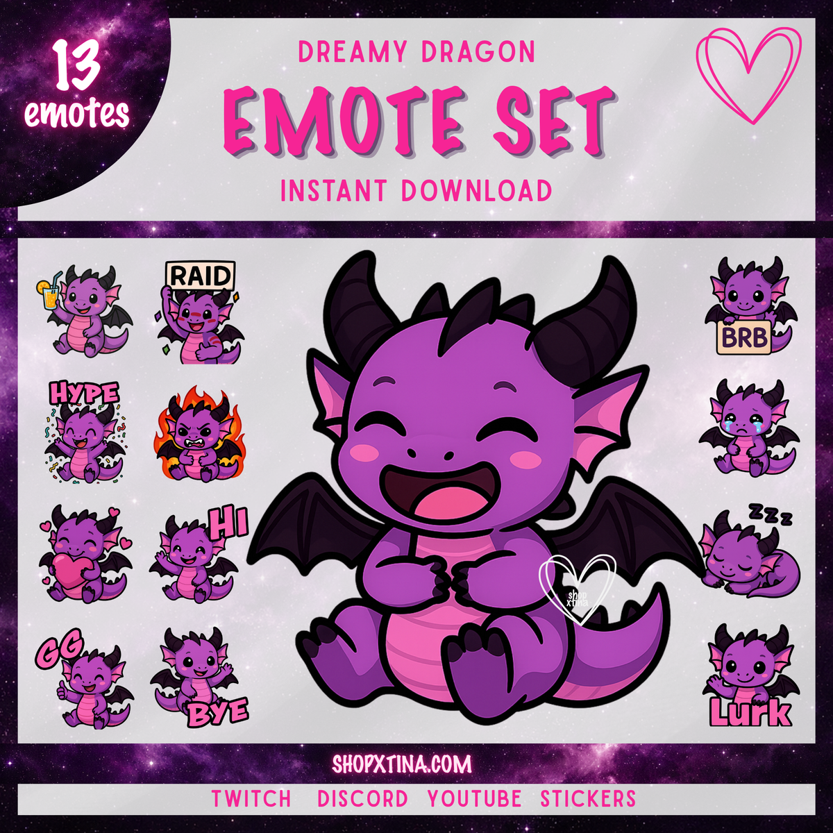 13 Dreamy Dragon Emotes | Discord, Twitch, Youtube, OBS, Streamlabs | Hype, Love, Lurk, Raid, Cheers & More | Great For Streamers
