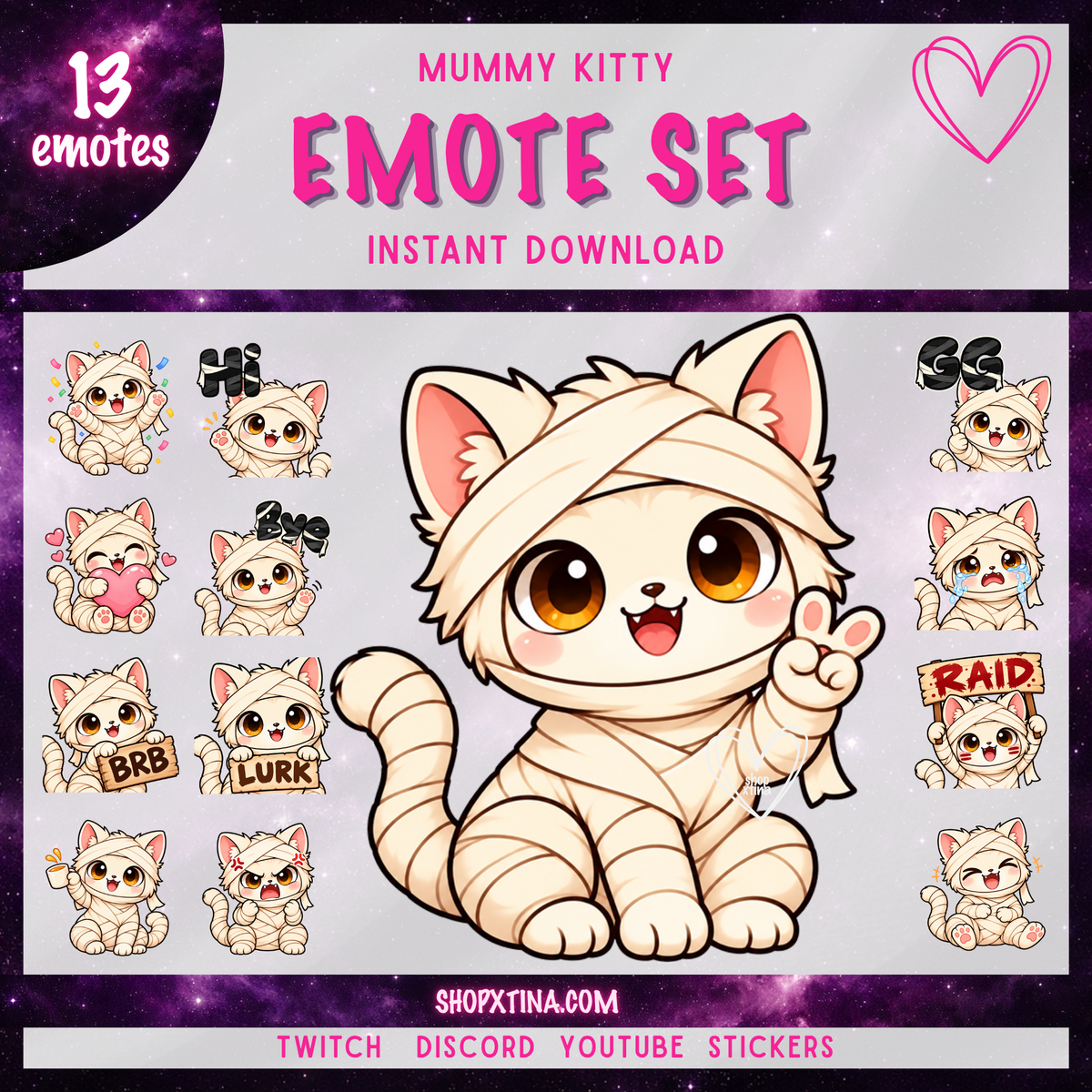 Mummy Kitty Emotes | Cute Halloween Cat | Discord, Twitch, Youtube, OBS, Streamlabs | Hype, Love, Lurk, Raid, Cheers & More | Great For Streamers