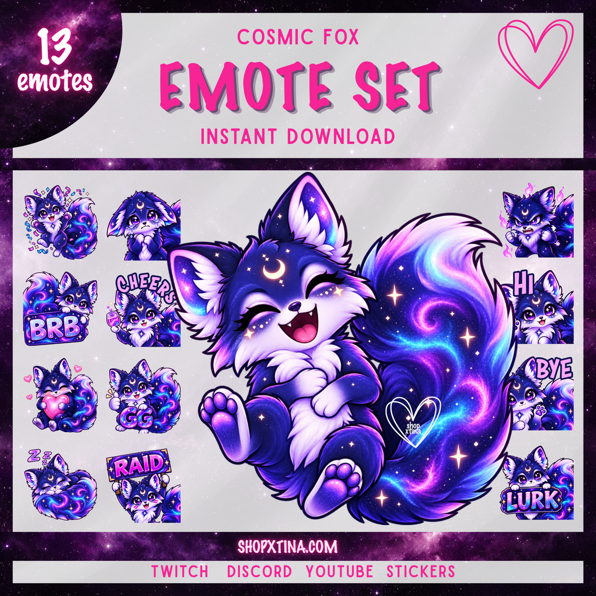Cosmic Fox Emote Pack  | Discord, Twitch, Youtube, OBS, Streamlabs | Hype, Love, Lurk, Raid, Cheers & More | Great For Streamers