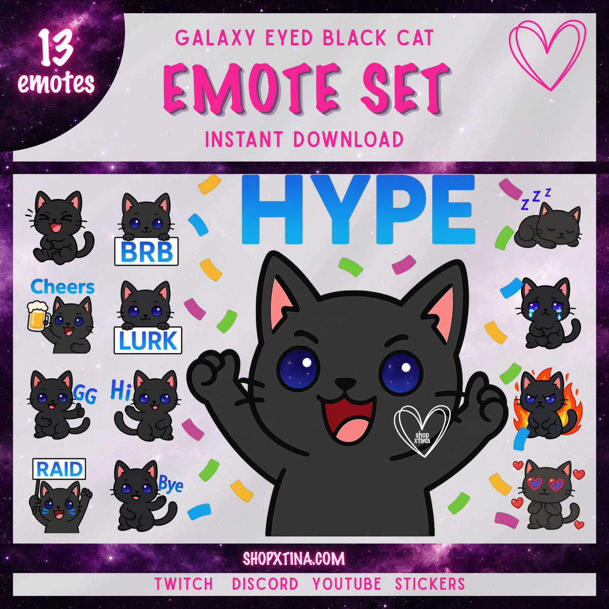 13 Black Cat (Galaxy Eyes) Emotes | Discord, Twitch, Youtube, OBS, Streamlabs | Hype, Love, Lurk, Raid, Cheers & More | Great For Streamers