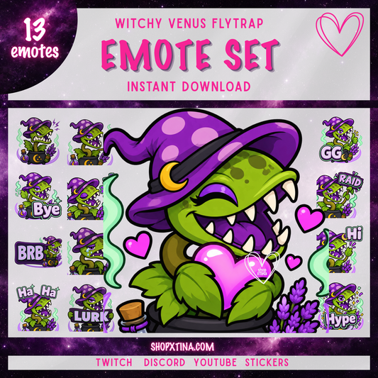 Witchy Venus Flytrap Emotes | Discord, Twitch, Youtube, OBS, Streamlabs | Hype, Love, Lurk, Raid, Cheers & More | Great For Streamers