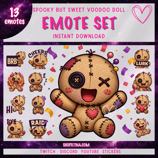 Sweet and Spooky Voodoo Doll Emote Pack  | Discord, Twitch, Youtube, OBS, Streamlabs | Hype, Love, Lurk, Raid, Cheers & More | Great For Streamers