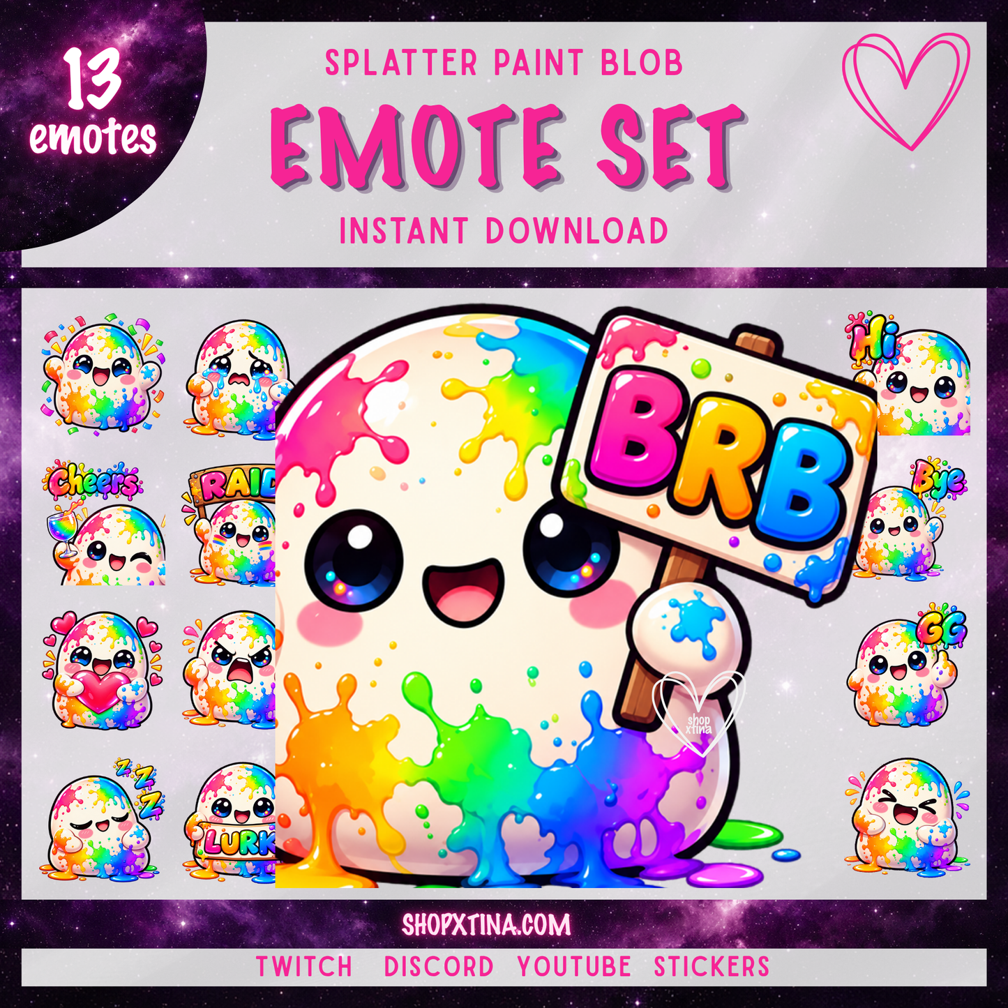 Rainbow Paint Splatter Blob Emotes | Discord, Twitch, Youtube, OBS, Streamlabs | Hype, Love, Lurk, Raid, Cheers & More | Great For Streamers