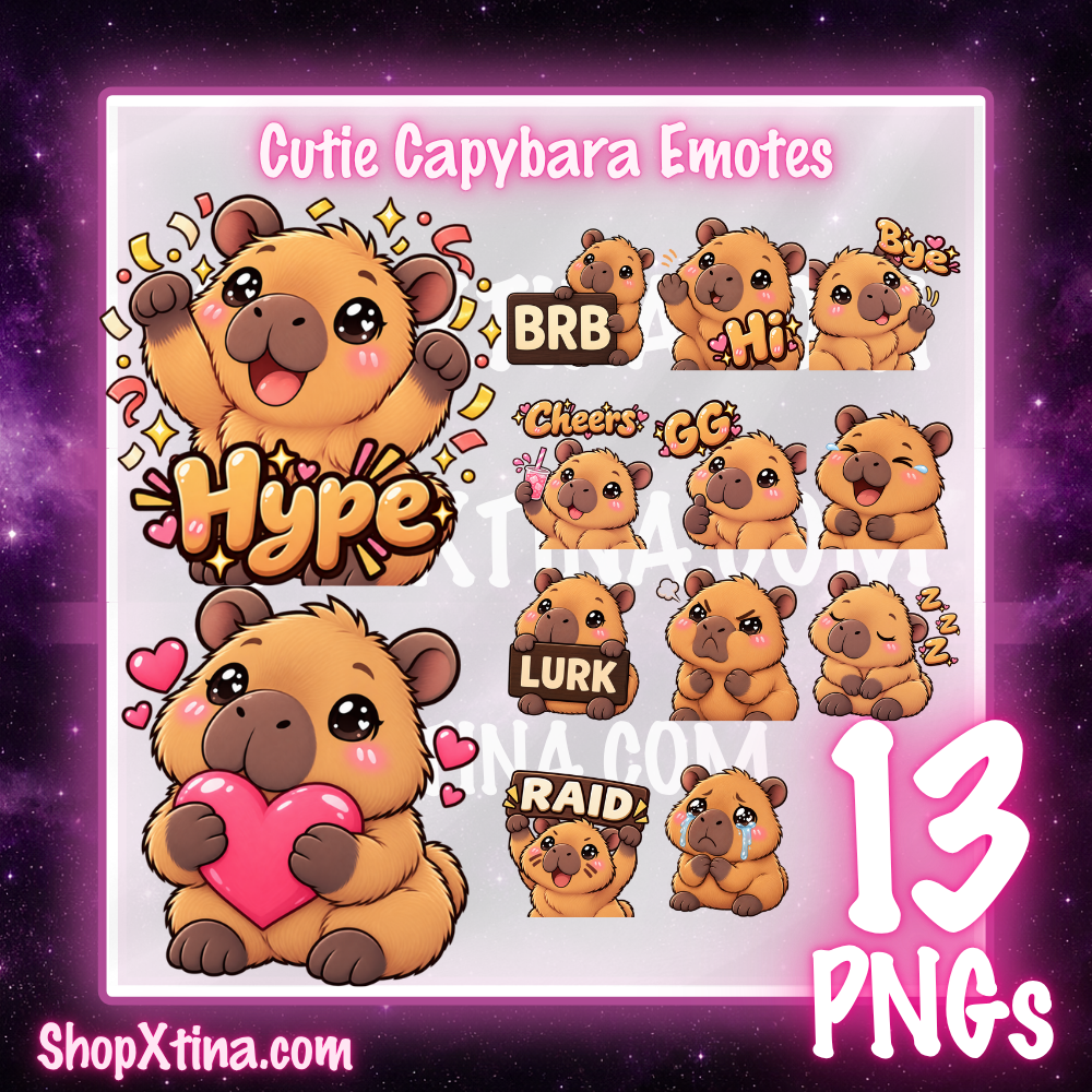 Cutie Capybara Emote Pack | Discord, Twitch, Youtube, OBS, Streamlabs | Hype, Love, Lurk, Raid, Cheers & More | Great For Streamers (Copy)