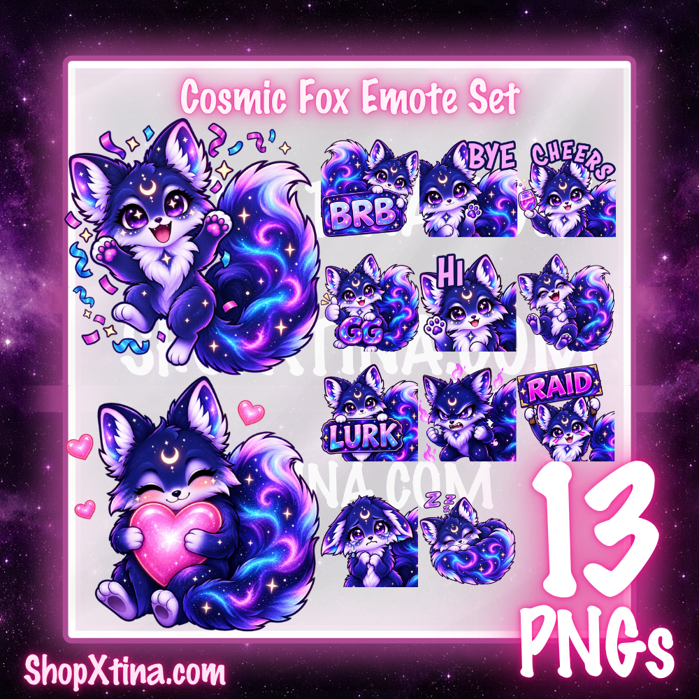 Cosmic Fox Emote Pack  | Discord, Twitch, Youtube, OBS, Streamlabs | Hype, Love, Lurk, Raid, Cheers & More | Great For Streamers (Copy) (Copy) (Copy)