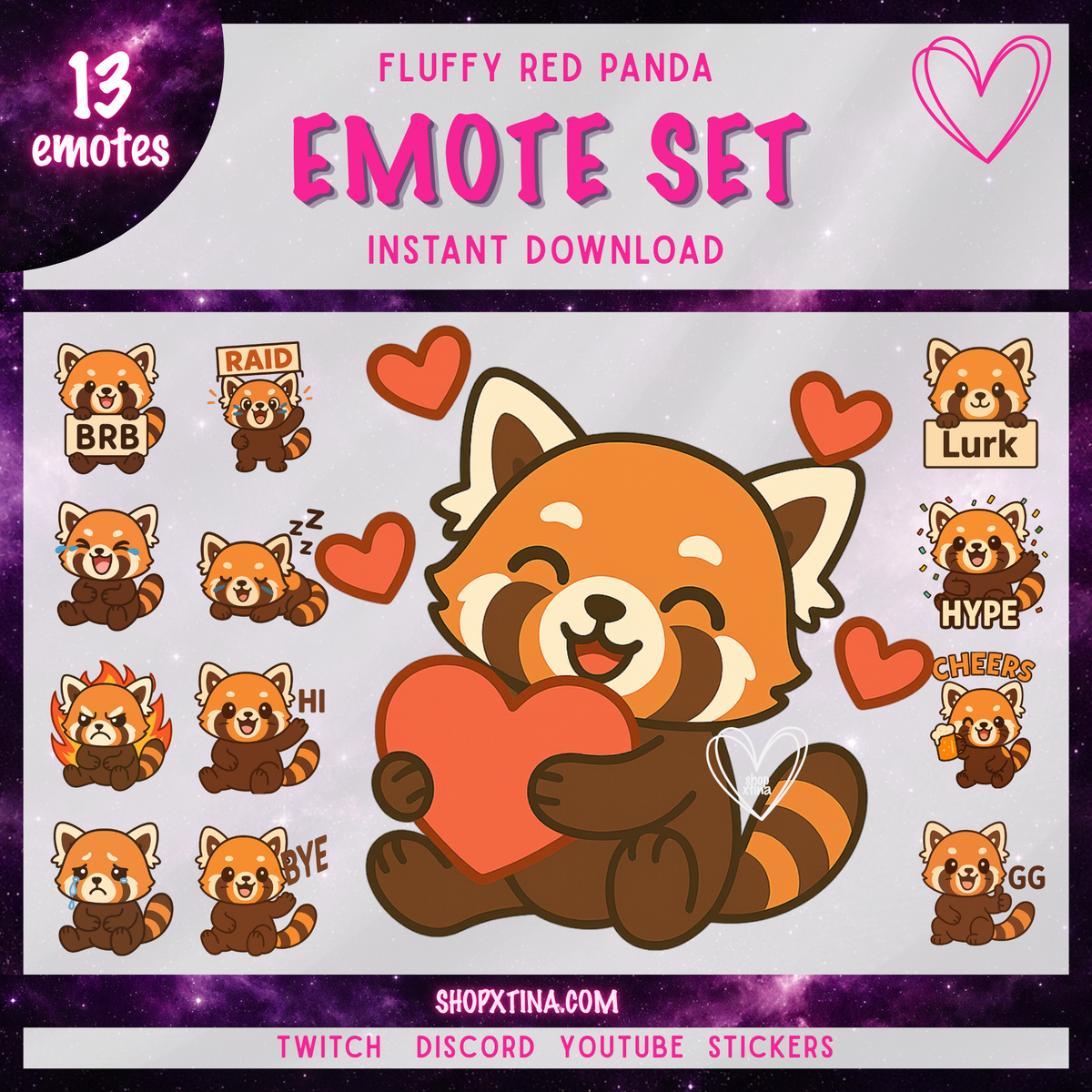 13 Fluffy Red Panda Emotes | Discord, Twitch, Youtube, OBS, Streamlabs | Hype, Love, Lurk, Raid, Cheers & More | Great For Streamers