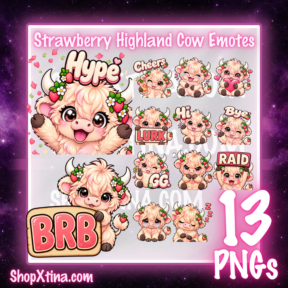 Strawberry Highland Cow Emotes | Discord, Twitch, Youtube, OBS, Streamlabs | Hype, Love, Lurk, Raid, Cheers & More | Great For Streamers
