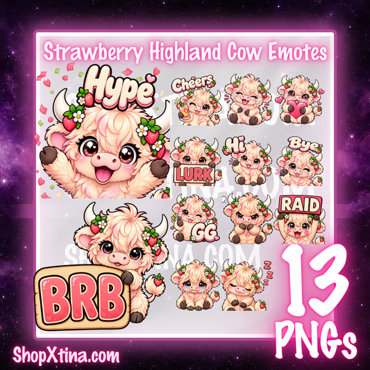 Strawberry Highland Cow Emotes | Discord, Twitch, Youtube, OBS, Streamlabs | Hype, Love, Lurk, Raid, Cheers & More | Great For Streamers