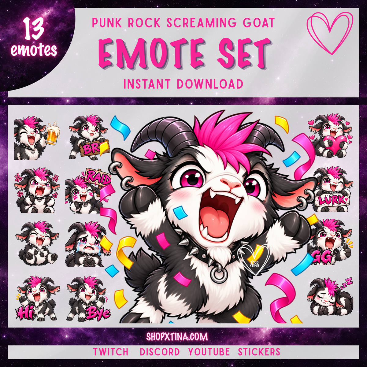 Punk Rock Screaming Goat Emotes | Discord, Twitch, Youtube, OBS, Streamlabs | Hype, Love, Lurk, Raid, Cheers & More | Great For Streamers