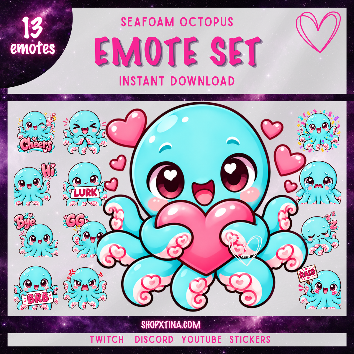 Seafoam Octopus Emotes | Discord, Twitch, Youtube, OBS, Streamlabs | Hype, Love, Lurk, Raid, Cheers & More | Great For Streamers