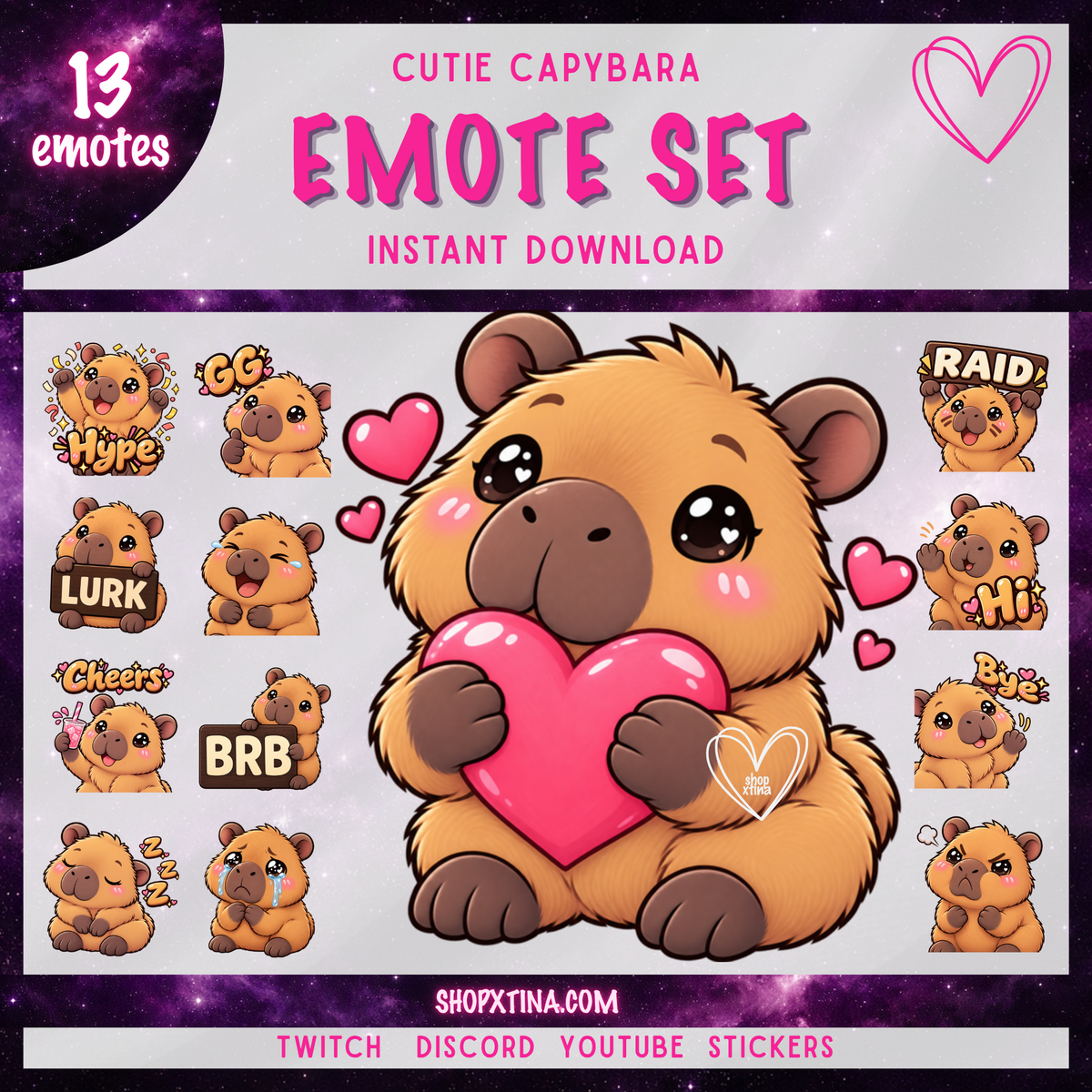 Cutie Capybara Emote Pack | Discord, Twitch, Youtube, OBS, Streamlabs | Hype, Love, Lurk, Raid, Cheers & More | Great For Streamers