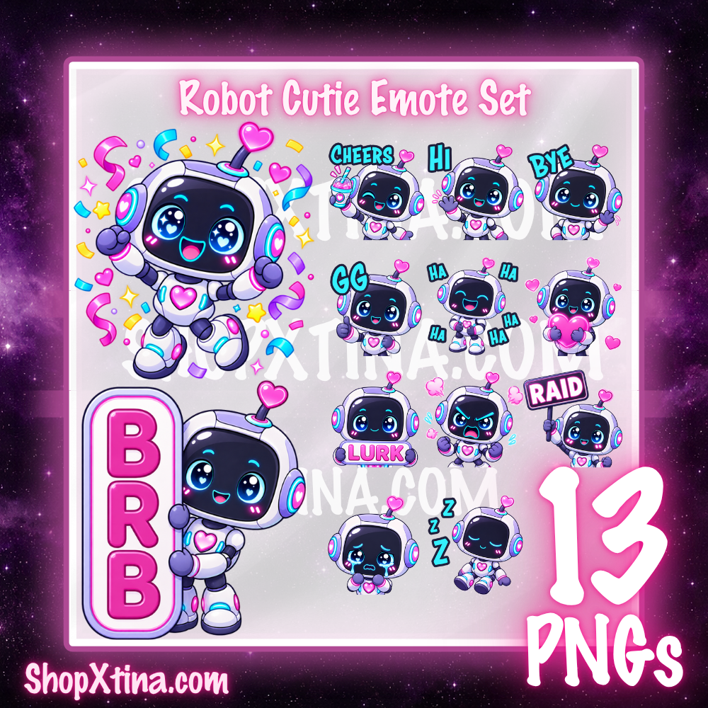 Robot Cutie Emote Pack  | Discord, Twitch, Youtube, OBS, Streamlabs | Hype, Love, Lurk, Raid, Cheers & More | Great For Streamers (Copy)