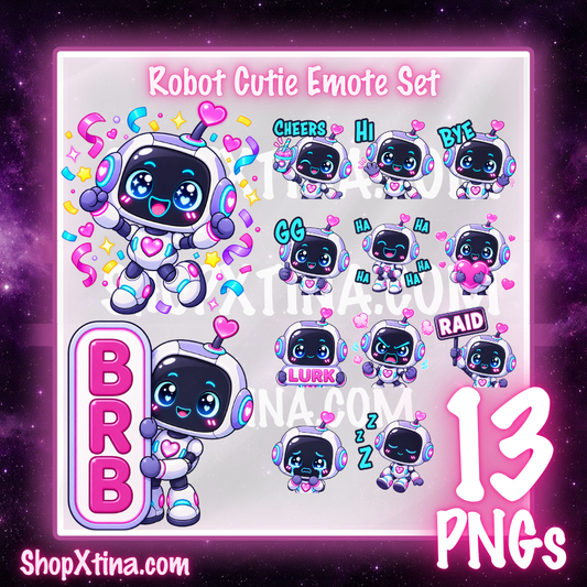 Robot Cutie Emote Pack  | Discord, Twitch, Youtube, OBS, Streamlabs | Hype, Love, Lurk, Raid, Cheers & More | Great For Streamers (Copy)