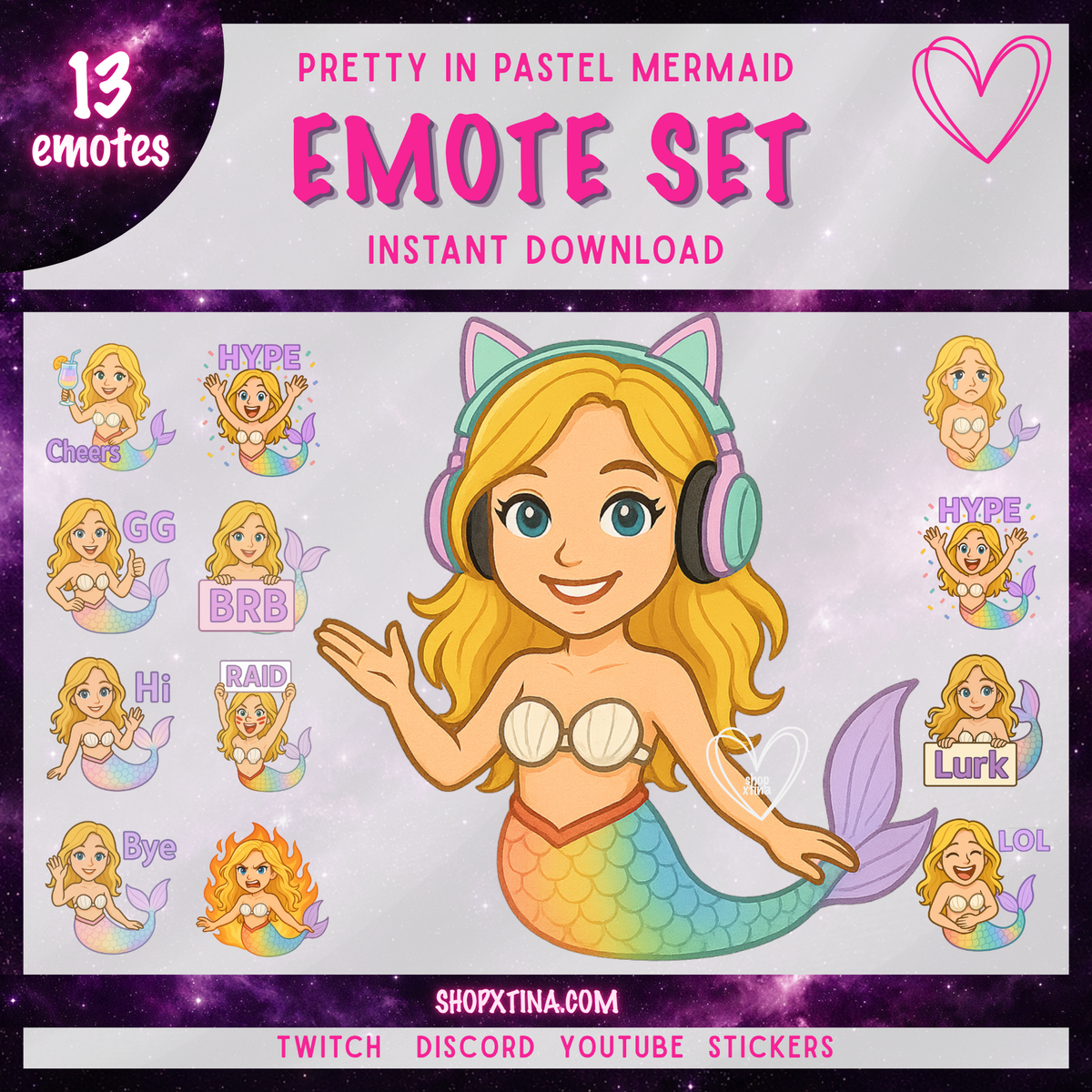 Pastel Mermaid Emote Set for Twitch & Discord | 13 + 1 Bonus Cute Streaming Emotes | Gamer Girl Vibes | PNG Transparent