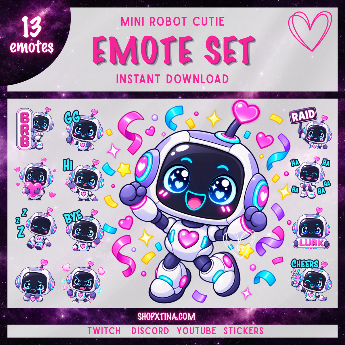 Robot Cutie Emote Pack  | Discord, Twitch, Youtube, OBS, Streamlabs | Hype, Love, Lurk, Raid, Cheers & More | Great For Streamers