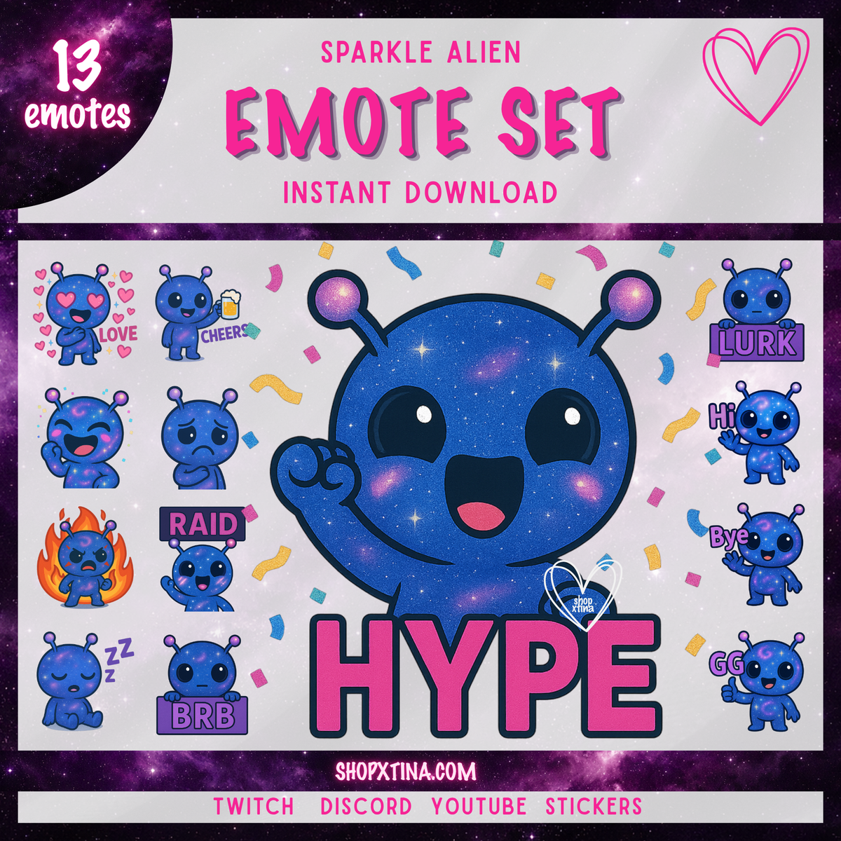 ✨ Galaxy Alien Emote Set – 13 Matching Emotes for Twitch & Discord ✨