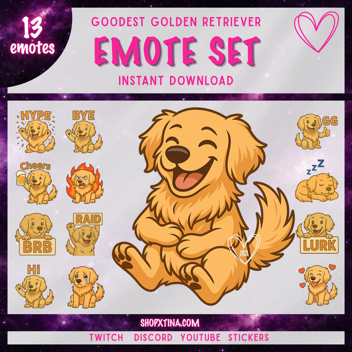 13 Goodest Golden Retriever Emotes | Discord, Twitch, Youtube, OBS, Streamlabs | Hype, Love, Lurk, Raid, Cheers & More | Great For Streamers