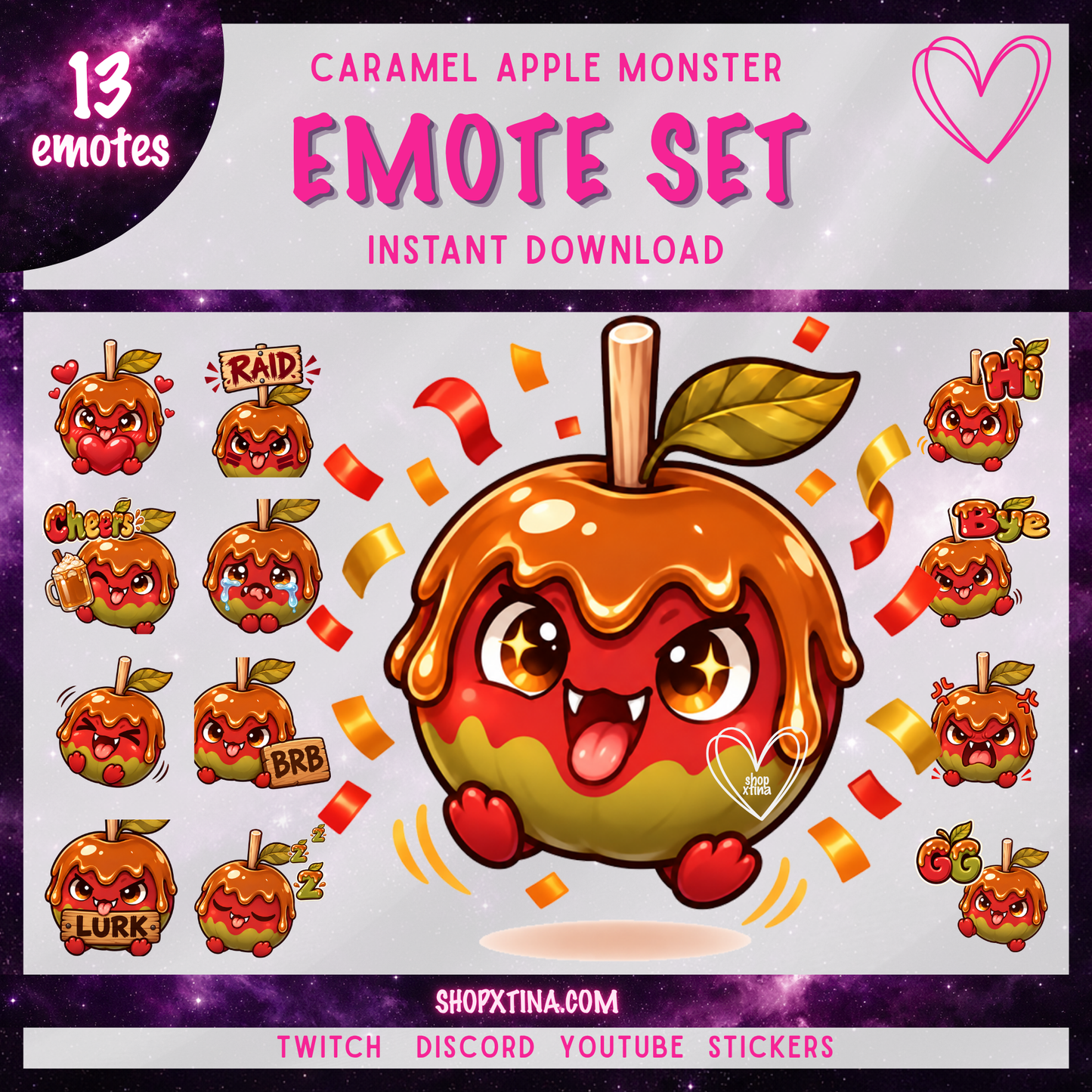 Cute Caramel Apple Monster Emotes | Discord, Twitch, Youtube, OBS, Streamlabs | Hype, Love, Lurk, Raid, Cheers & More | Great For Streamers