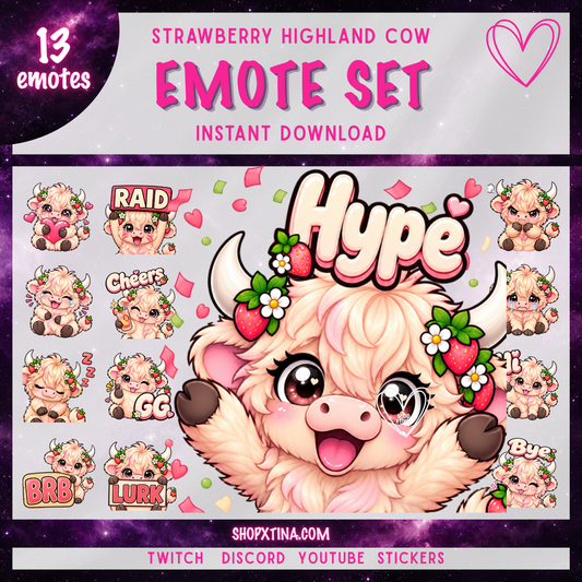 Strawberry Highland Cow Emotes | Discord, Twitch, Youtube, OBS, Streamlabs | Hype, Love, Lurk, Raid, Cheers & More | Great For Streamers