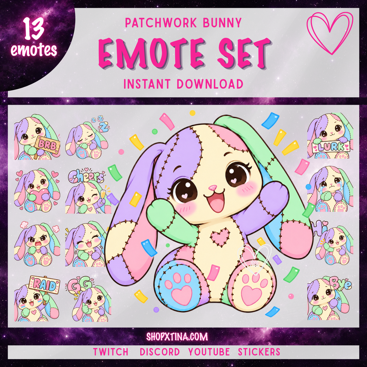 Patchwork Bunny Emotes | Discord, Twitch, Youtube, OBS, Streamlabs | Hype, Love, Lurk, Raid, Cheers & More | Great For Streamers