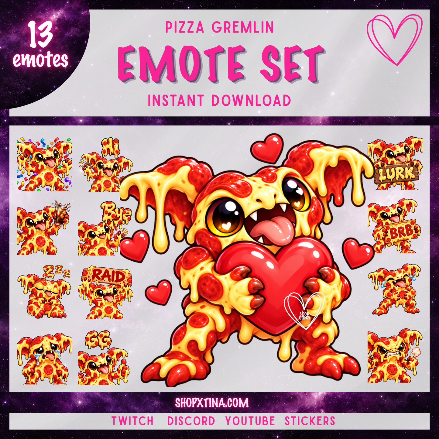 Slice, Slice Baby! Cute Pizza Gremlin Emotes | Discord, Twitch, Youtube, OBS, Streamlabs | Hype, Love, Lurk, Raid, Cheers & More | Great For Streamers