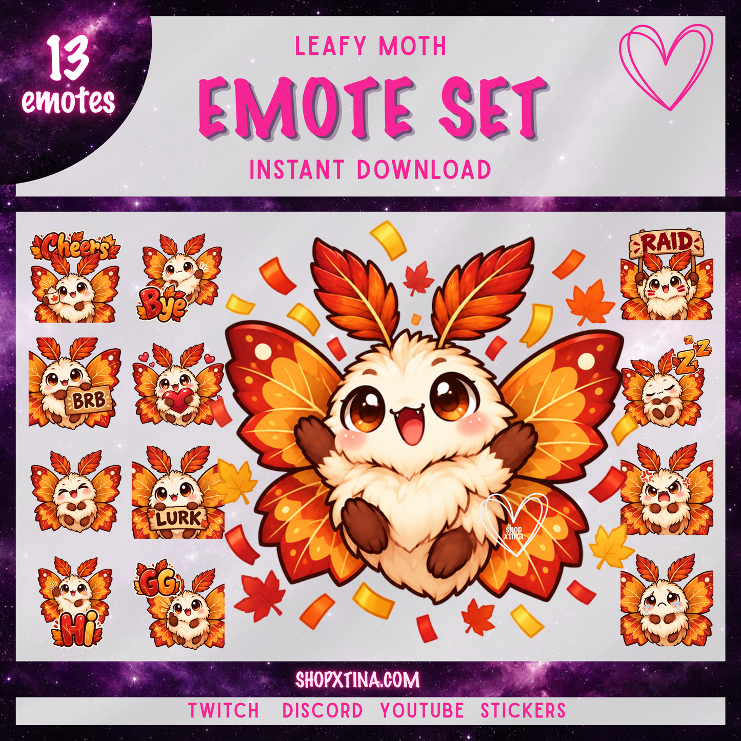 Cute Fall Leafy Moth Emotes | Discord, Twitch, Youtube, OBS, Streamlabs | Hype, Love, Lurk, Raid, Cheers & More | Great For Streamers