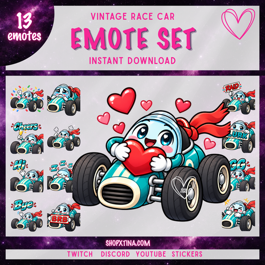 Vintage Race Car Emotes | Discord, Twitch, Youtube, OBS, Streamlabs | Hype, Love, Lurk, Raid, Cheers & More | Great For Streamers