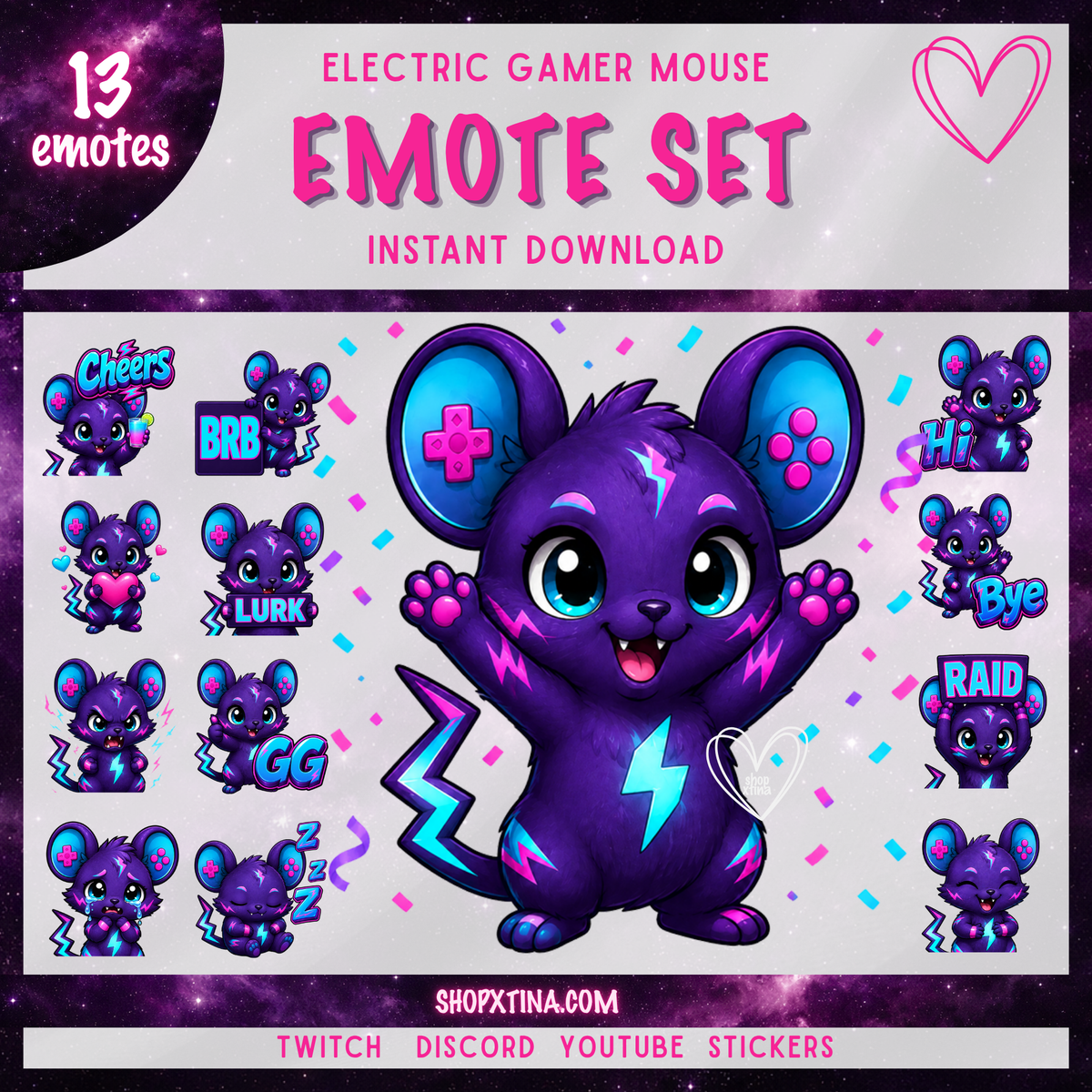 Electric Gamer Mouse Emotes | Discord, Twitch, Youtube, OBS, Streamlabs | Hype, Love, Lurk, Raid, Cheers & More | Great For Streamers