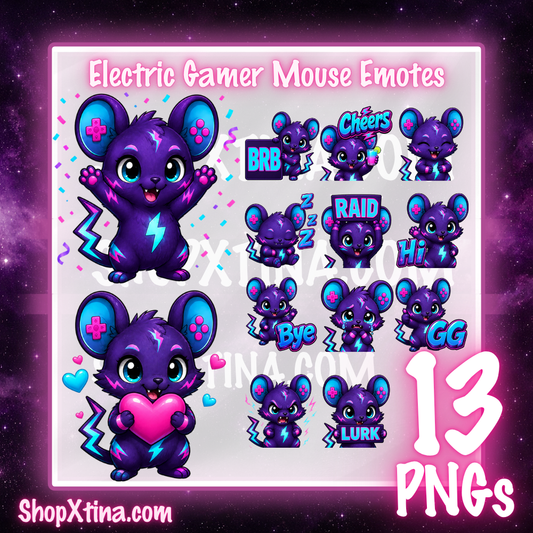 Electric Gamer Mouse Emotes | Discord, Twitch, Youtube, OBS, Streamlabs | Hype, Love, Lurk, Raid, Cheers & More | Great For Streamers