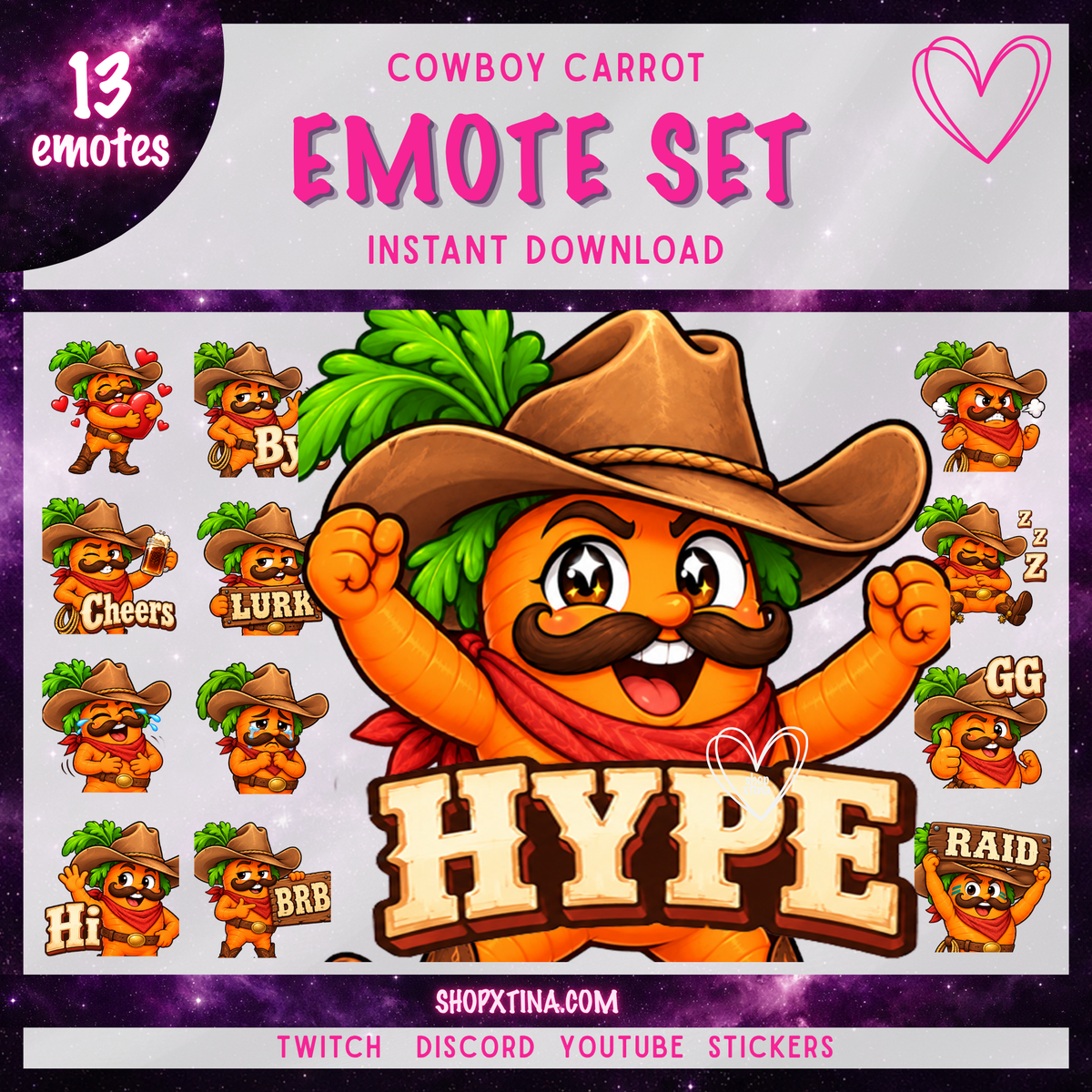 Rootin’ Tootin’ Cowboy Carrot Emotes | Discord, Twitch, Youtube, OBS, Streamlabs | Hype, Love, Lurk, Raid, Cheers & More | Great For Streamers