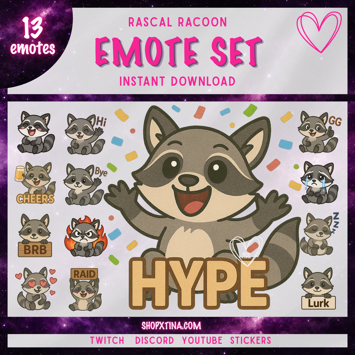 Rascal Raccoon Emote Set: 13 Emotes for Twitch, Discord, Streamers & More